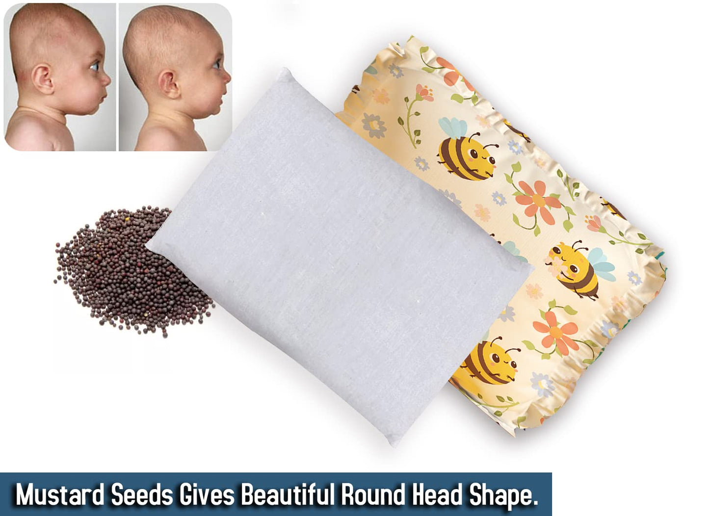 Rai Mustard Seeds Pillow with Lavender, Baby-Round Head Shaping Baby Pillow,Neck Support Pillow Gifting 0-12 Months for Infant Microfiber Toddler (Yellow)
