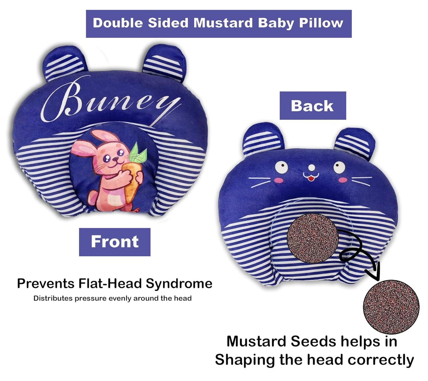 Rai Baby Mustard Seed Pillow with Supersoft Fur Fabric | 0-18 Months Infant Pillow | Cartoon Prints | Head Shaping & Neck Support Cushion for Baby Sleep (Royal-Blue)