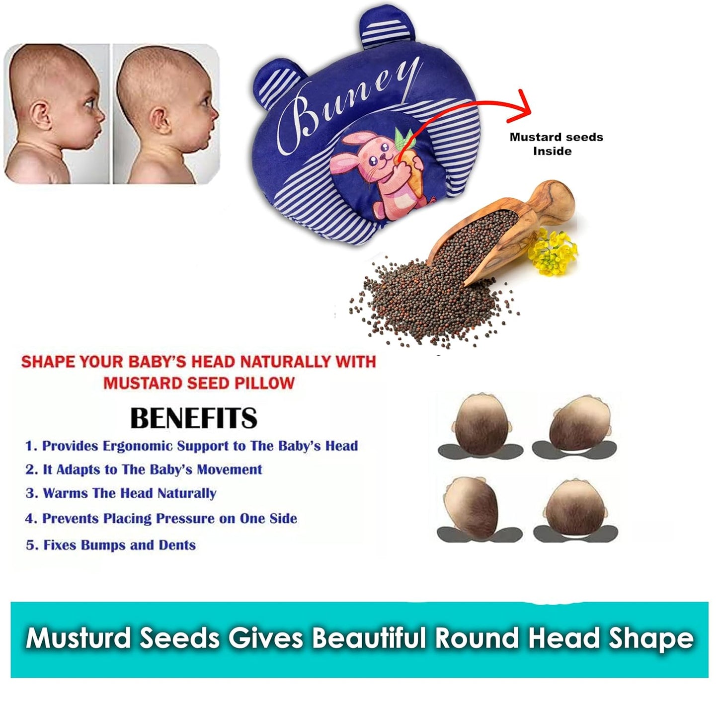 Rai Baby Mustard Seed Pillow with Supersoft Fur Fabric | 0-18 Months Infant Pillow | Cartoon Prints | Head Shaping & Neck Support Cushion for Baby Sleep (Royal-Blue)