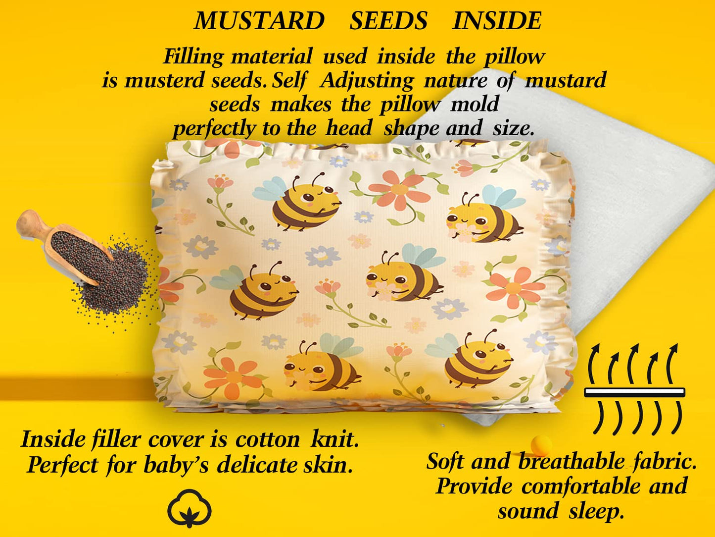 Rai Mustard Seeds Pillow with Lavender, Baby-Round Head Shaping Baby Pillow,Neck Support Pillow Gifting 0-12 Months for Infant Microfiber Toddler (Yellow)