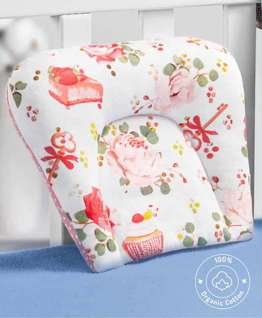 Premium Organic Cotton U Shape Pillow Cupcake Print - Pink and White